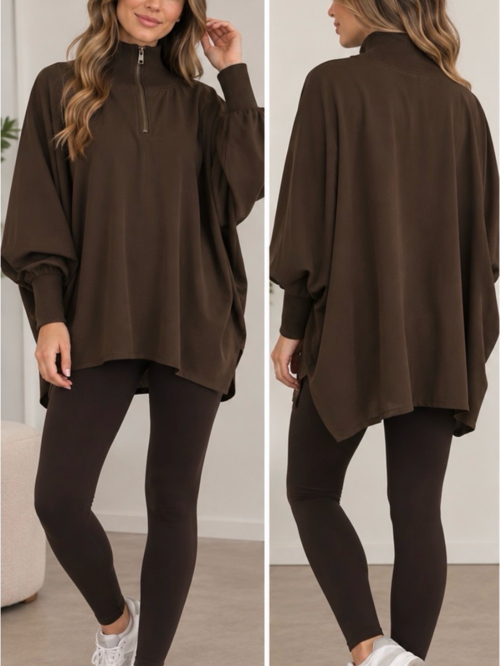 Babaton Brown Quarter-Zip Oversized Tunic